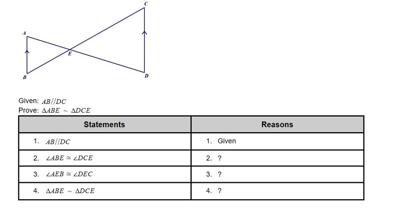 Given AB is parallel to DC Prove triangle ABE is congruent to triangle DCE-example-1