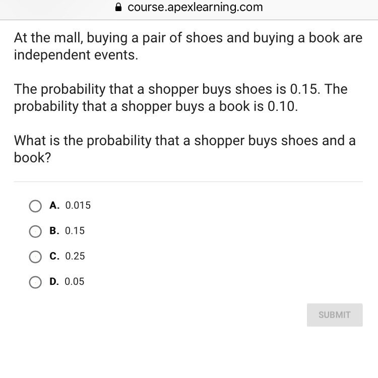 At the mall, buying a pair of shoes and buying a book are independent events.The probability-example-1