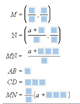 Prove: The median of a trapezoid equals half the sum of its bases. (fill in the blanks-example-2