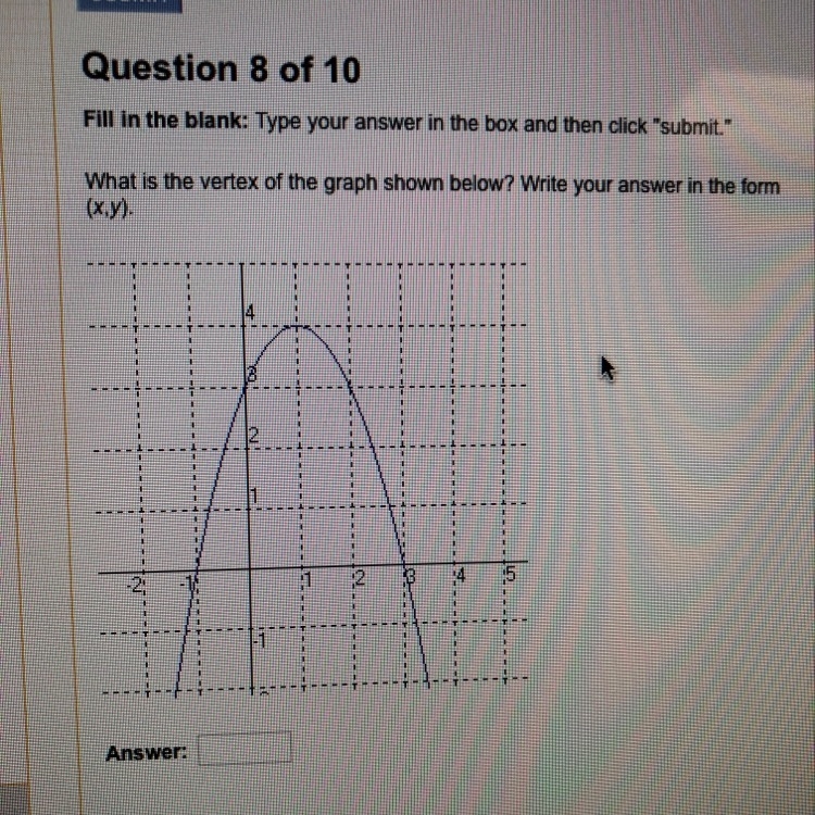 What is the vertex of the graph shown below? Write your answer in the form (x,y)-example-1