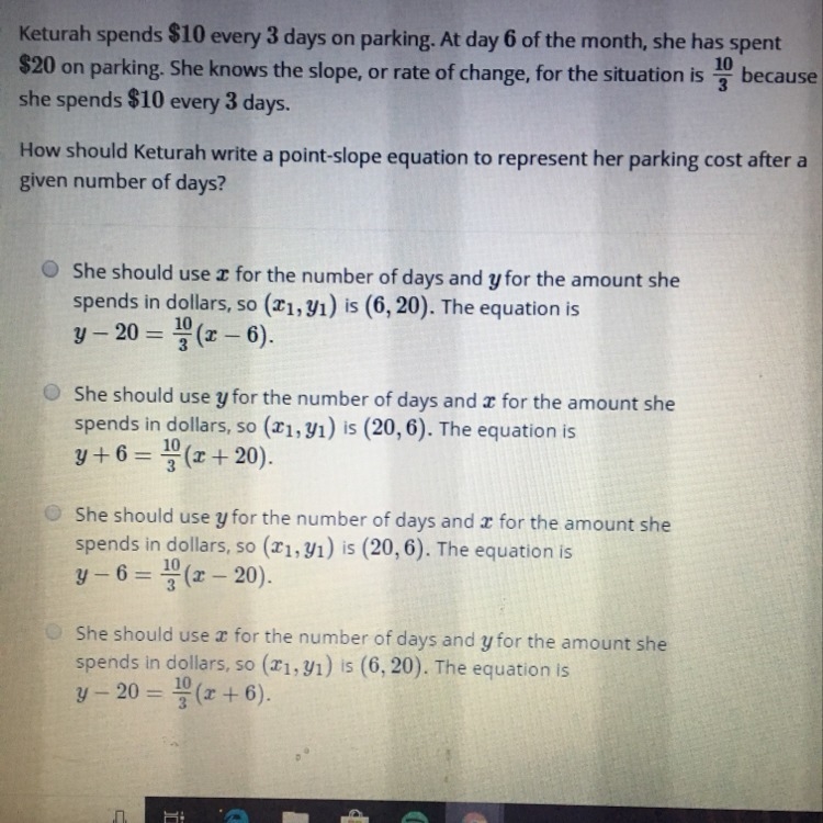 how should she write a point slope equation to represent her parking cost after a-example-1