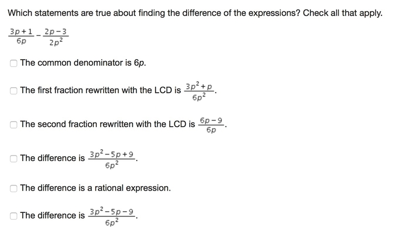 Which statements are true about finding the difference of the expressions? Check all-example-1