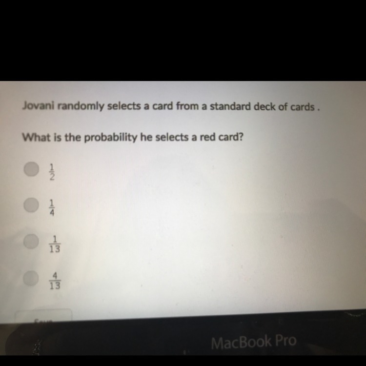 jovani randomly selects a card from a standard deck of cards. what is the probability-example-1