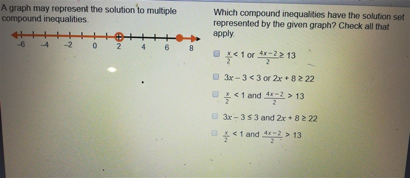 Which compound inequalities have the solution set represented by the given graph? Check-example-1