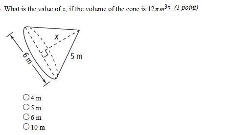 What is the value of x, if the volume of the cone is 12pi m^3-example-1