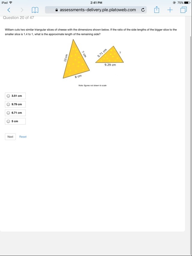 William cut two similar triangular slices of cheese with the dimensions shown below-example-1