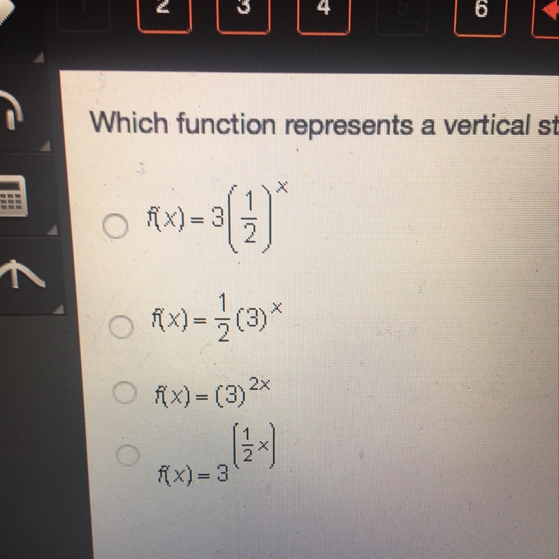 Which function represents a vertical stretch of an exponential function?-example-1