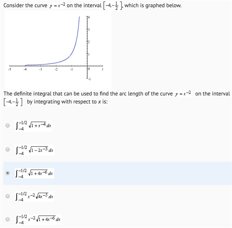 I need to answer three questions about y = x^(-2) on the interval [-4, -1/2]. I have-example-1