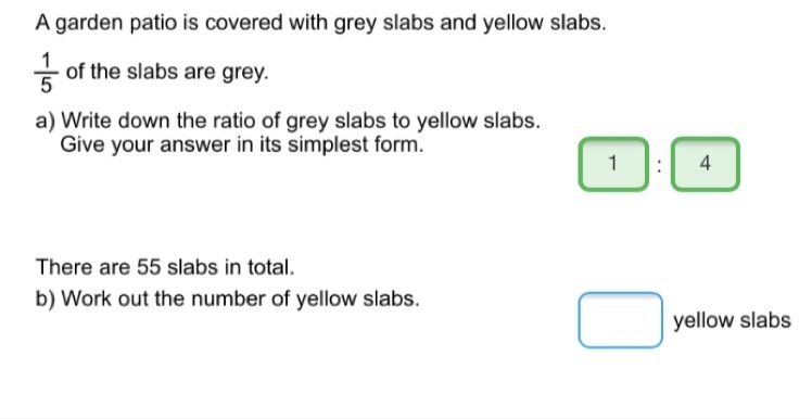 a garden patio is covered with grey slabs and yellow slabs. 1/5 is grey. 1/4 is yellow-example-1