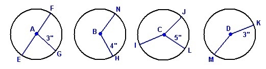 1) Which circles are congruent? B and C B and D A and D 2)What is the length of the-example-1