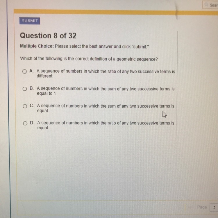 Which of the following is the correct definition of a geometric sequence?-example-1