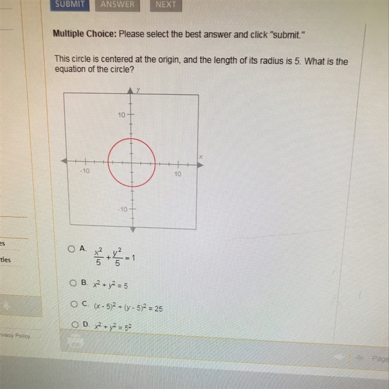 This circle is centered at the orgin, and the length of it’s radius is 5. What is-example-1