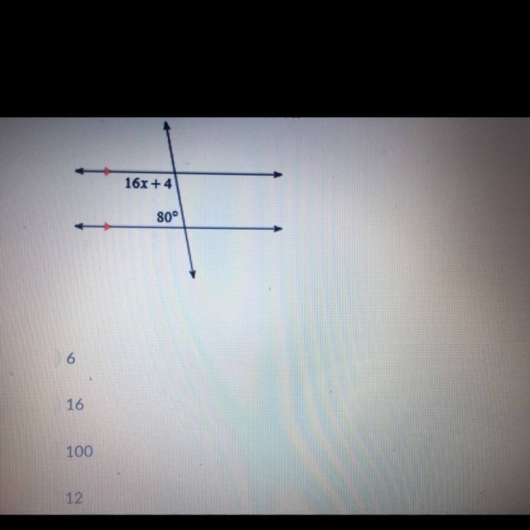 Solve for the value of x A- 6 B- 16 C- 100 D- 12-example-1