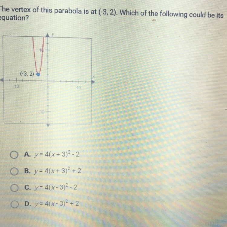 The vertex of this parabola is at (-3,2). Which of the following could be its equation-example-1