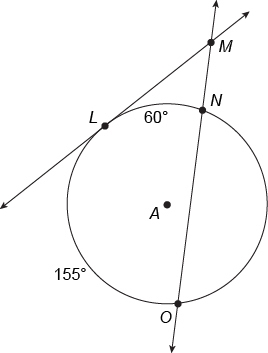 Circle A is intersected by LM←→ and MO←→−. What is the measure of ∠LMO? Enter your-example-1