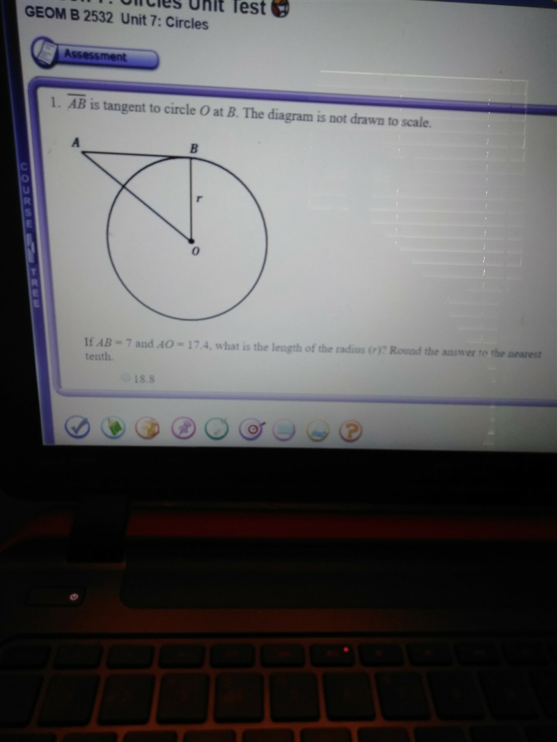 If AB=7 and AO=17.4 what is the length of the radius?-example-1