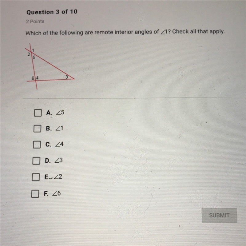 Which of the following are remote interior angles of one check all that apply?-example-1