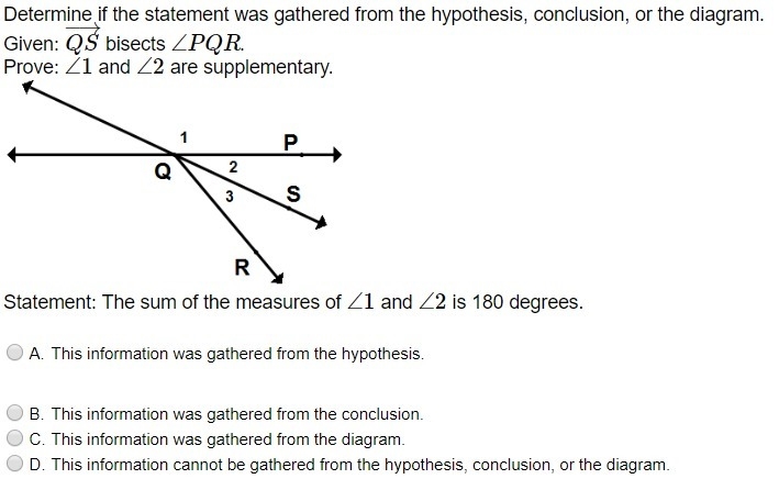 Determine if the statement was gathered from the hypothesis, conclusion, or the diagram-example-1