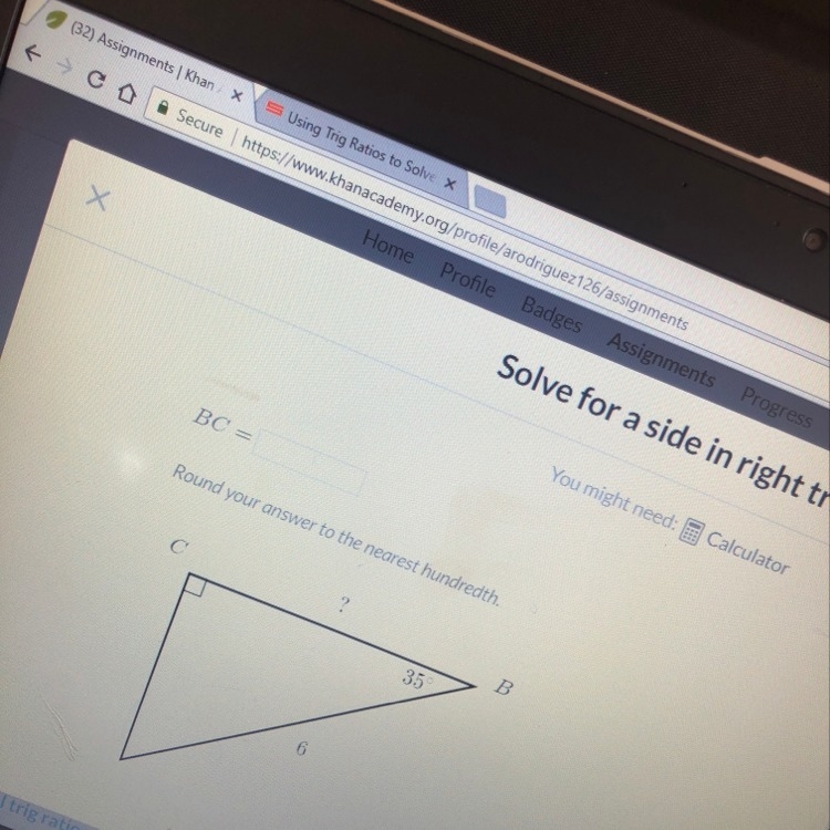 Solve for a side in right triangles (soh cah toa)-example-1