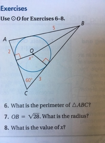 Use Circle O to for exercises 6-8 (I need the answers for 7 & 8) 7. OB = 28 squared-example-1