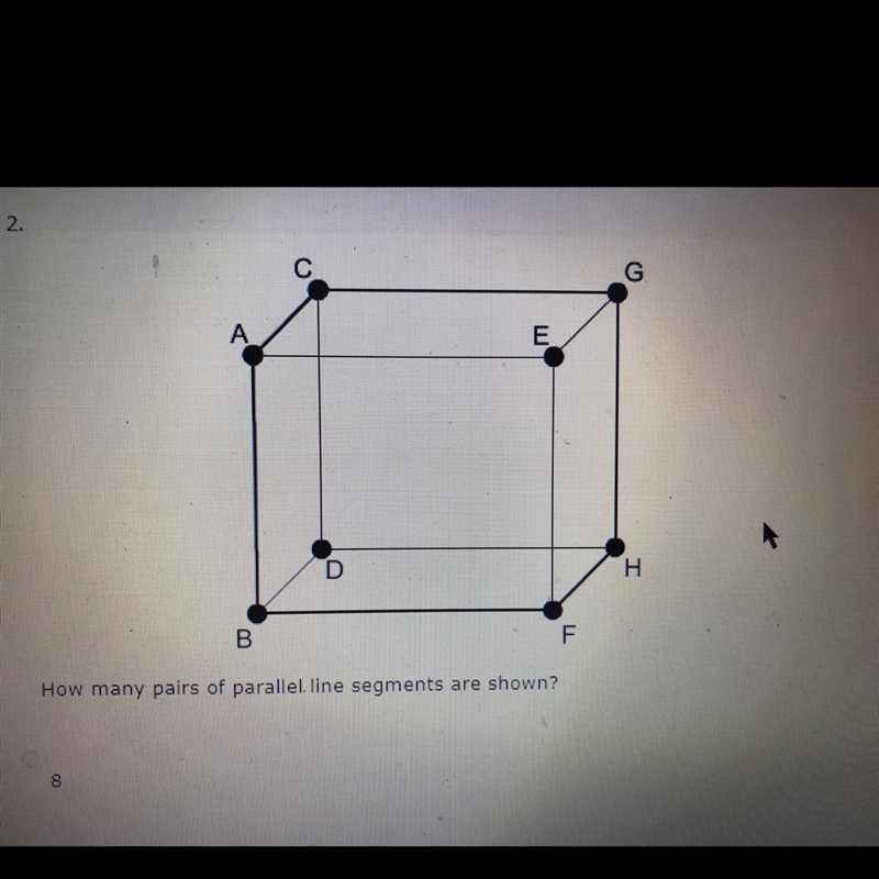 How many pairs of parallel line segments are shown? 1. 8 2. 24 3. 4 4. 18-example-1