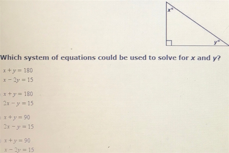 The measure of the acute angles of the right triangle below are represented by x and-example-1