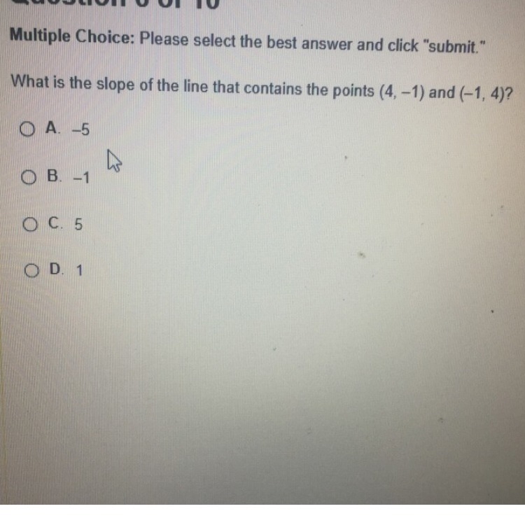 What is the slope of the line that contains the points (4,-1) and (-1,4)?-example-1