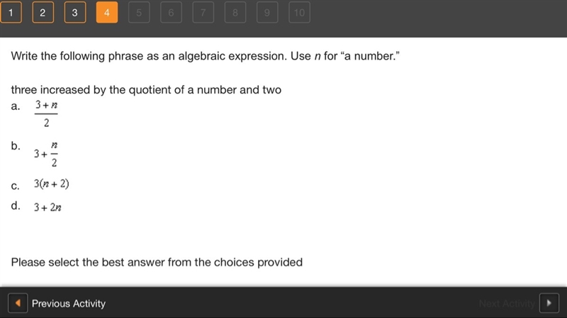 Write the following phrase as an algebraic expression. Use n for “a number.” three-example-1