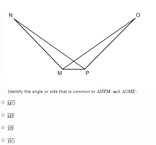 Identify the angle or side that is common to triangle NPM and triangle OPM.-example-1