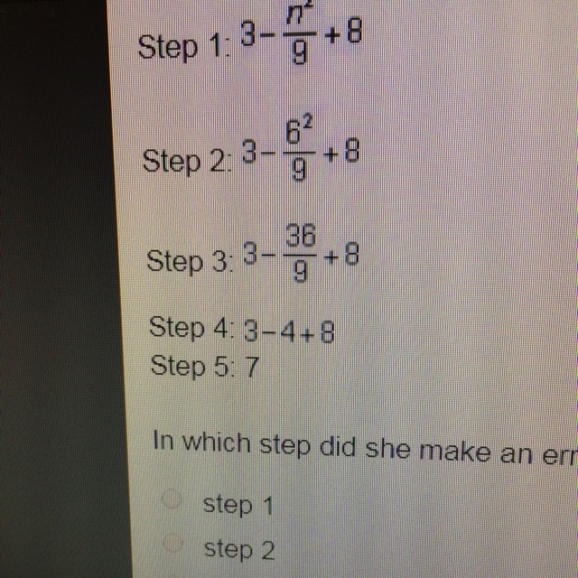 Grace was Given the description “thee less than quotient of a number squared and nine-example-1