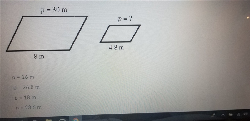 The figures below are similar find the missing perimeter P = 30 m 8m p = ? 4.8 m-example-1