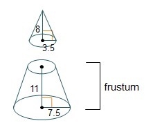 A frustum is formed when a plane parallel to a cone’s base cuts off the upper portion-example-1