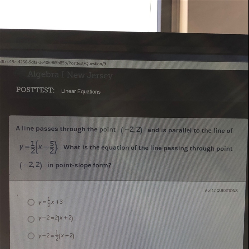 A line passes through the point (-2,2) and is parallel to the line of y=1/2(x-5/2) l-example-1