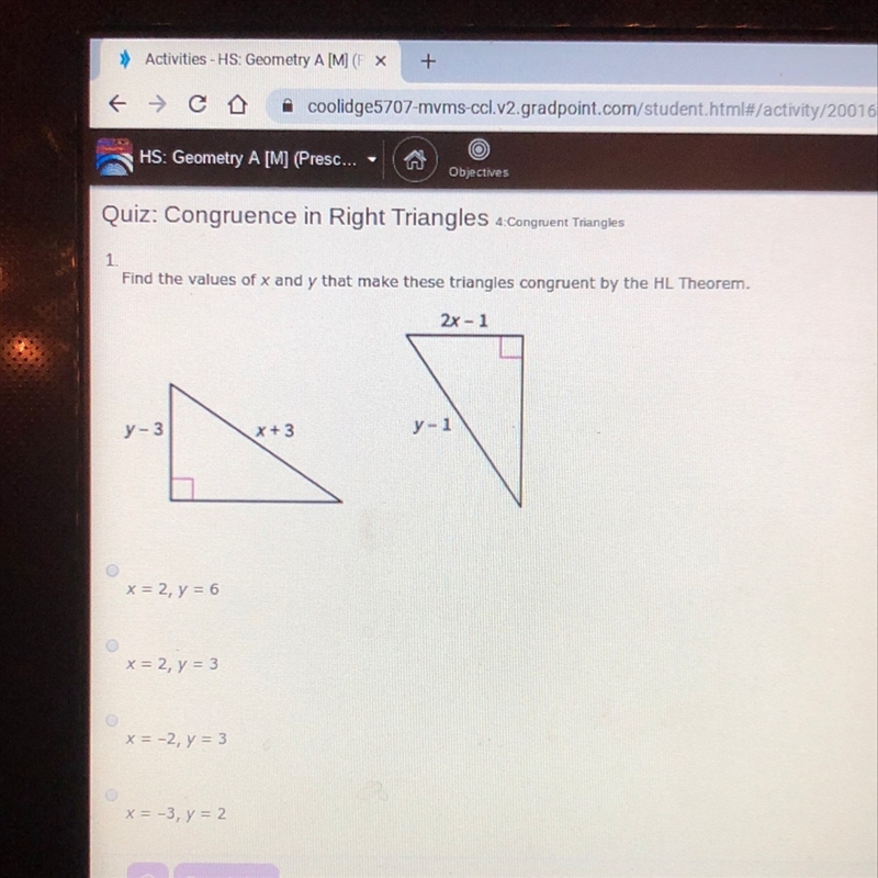 A. x = 2, y =6 B. x = 2, y =3 C. x =-2, y =3 D. x = -3, y =2-example-1