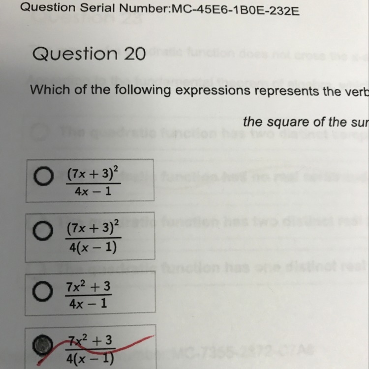 The square of the sum of 7 times x and 3 divided by 4 times the difference of c and-example-1