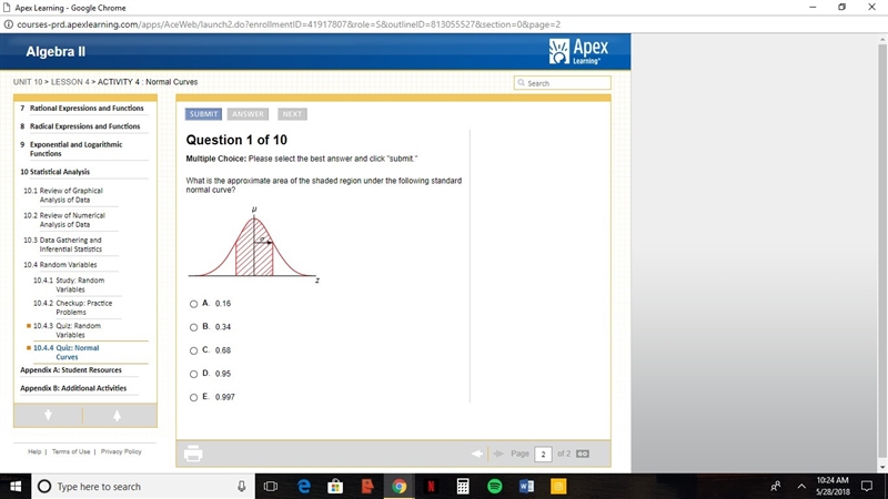 What is the approximate area of the shaded region under the following standard normal-example-1