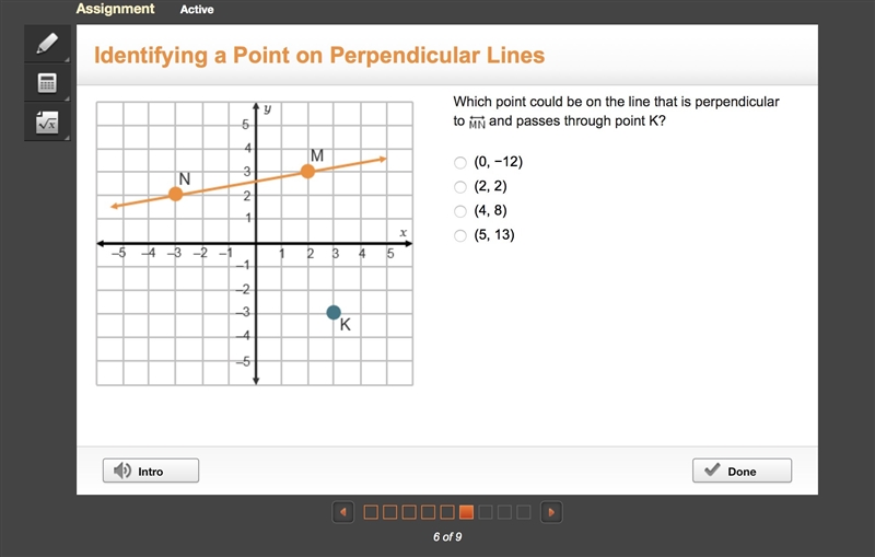 Which point could be on the line that is perpendicular to and passes through point-example-1