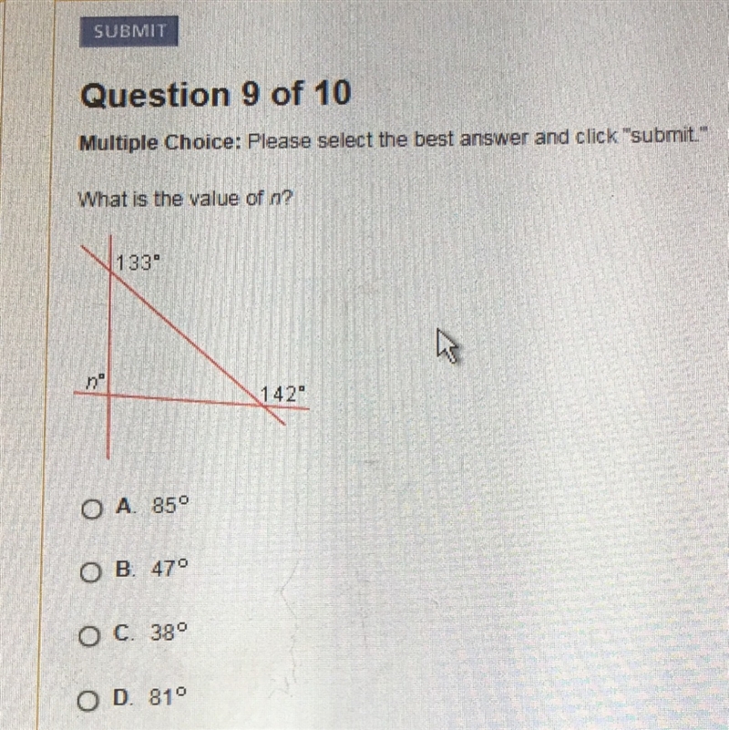 What is the value on n? A. 85 B. 47 C. 38 D. 81-example-1