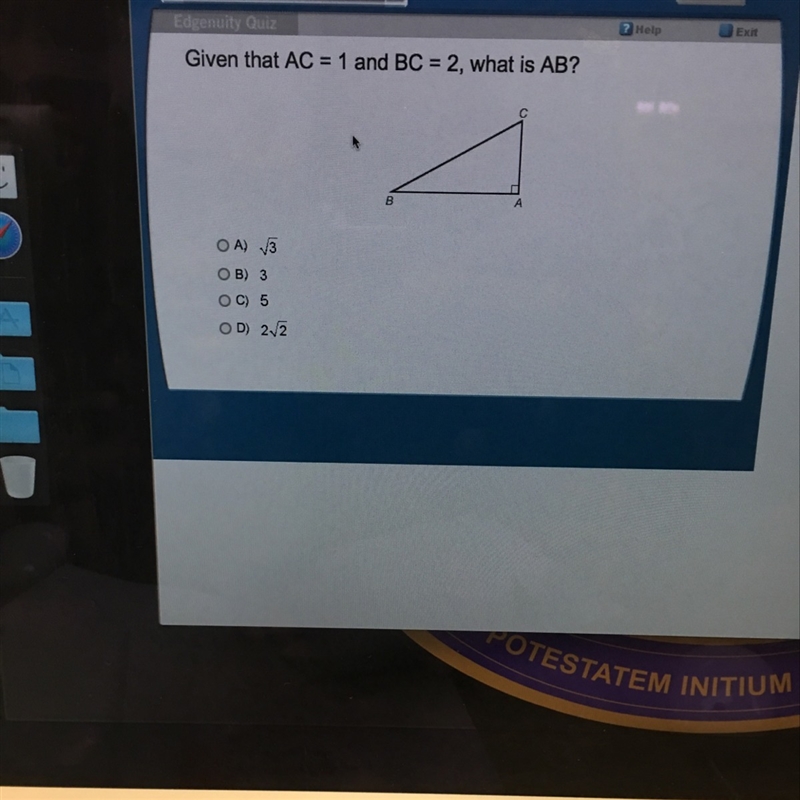 Given that AC=1 and BC=2 what is AB ?-example-1