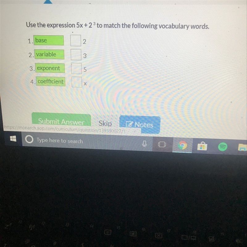 Use the expression 5x + 2^3 to match the following vocabulary words-example-1