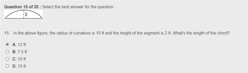 In the above figure, the radius of curvature is 10 ft and the height of the segment-example-1