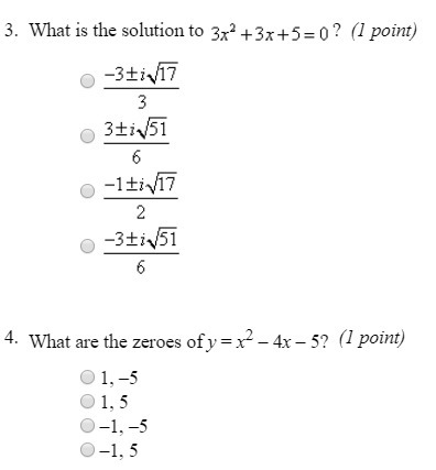 What is the solution to 3x^2+3x+5=0? What are the zeroes of y=x^2-4x-5?-example-1