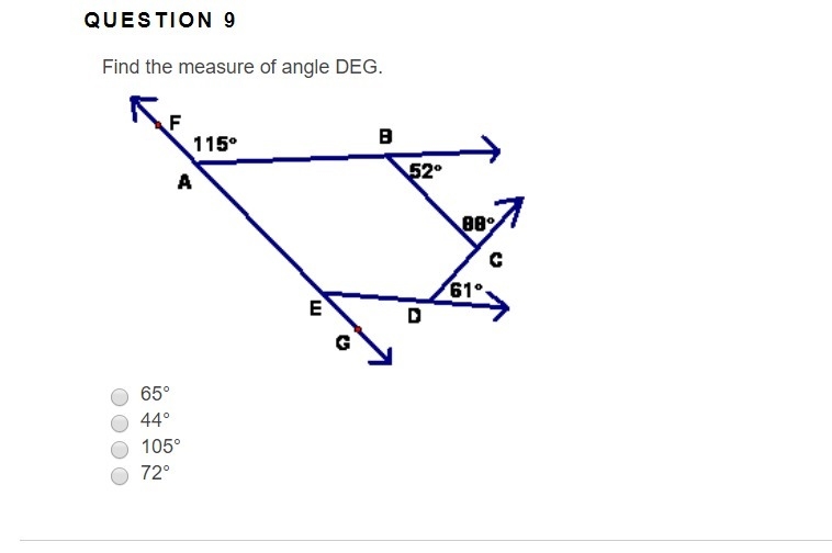 Find the measure of angle DEG. 65° 44° 105° 72°-example-1