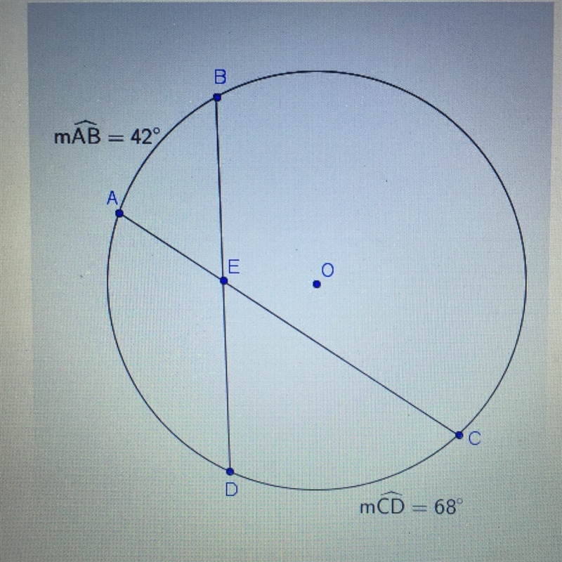 The diagram shows a circle with center O. Chords AC and BC are drawn such that mAB-example-1