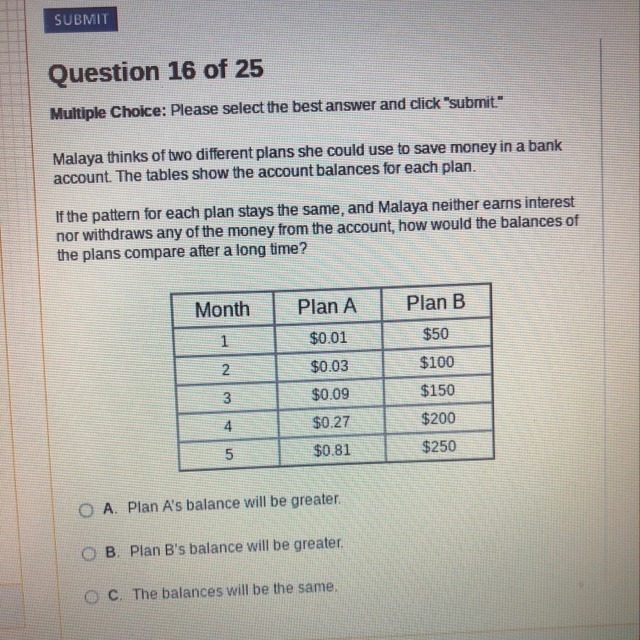 !!Please help!! How would the balance of the plans compare after a long time???-example-1