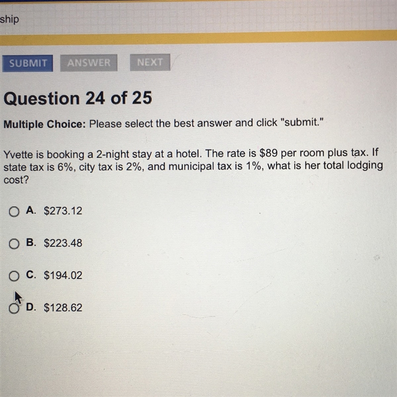 Yvette is booking a 2-night stay at a hotel. The rate is $89 per room plus tax. If-example-1