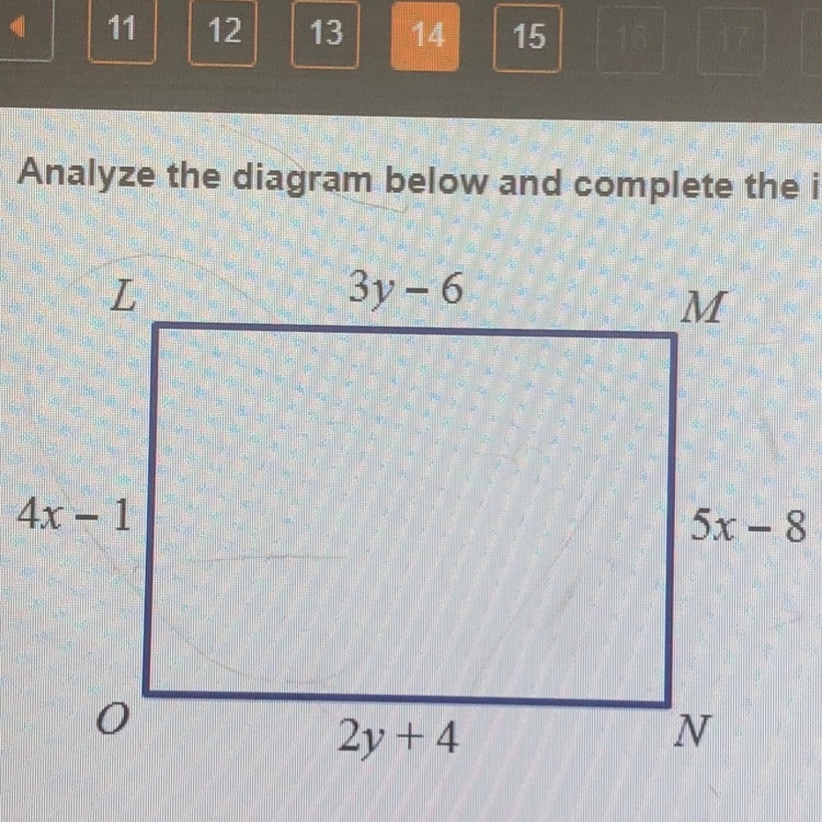 Quadrilateral LMNO is a rectangle. Solve for y A. 2 B. 7 C. 10 D. 24-example-1