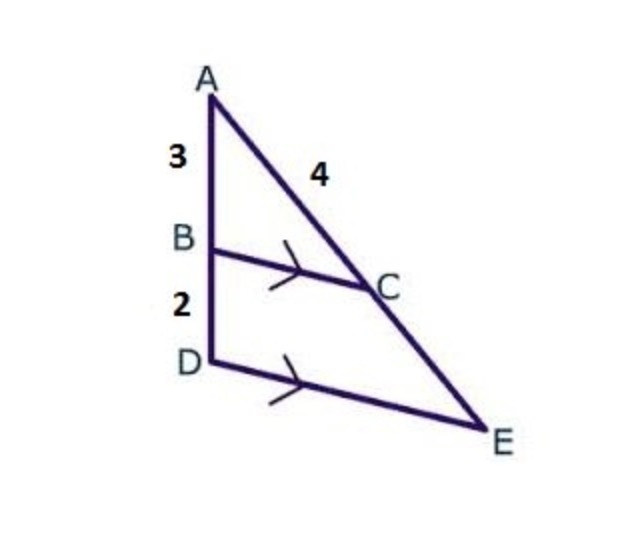 54 points BC is parallel to DE. What is the length of CE? A) 2 1/3 B) 2 2/3 C) 3 1/3 D-example-1