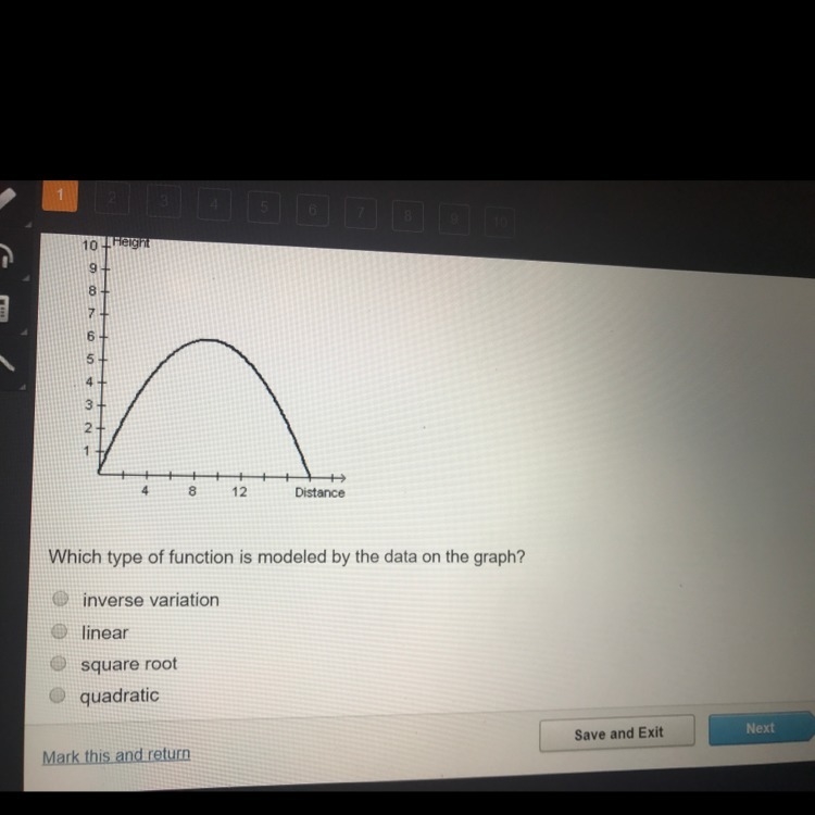 The graph below represents the path of a grasshopper as it jumps. Which type of function-example-1