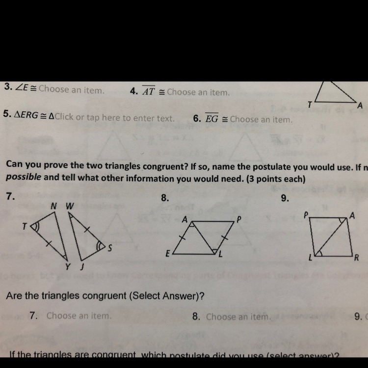 Can you prove the two triangles congruent? If so name the postulate you would use-example-1